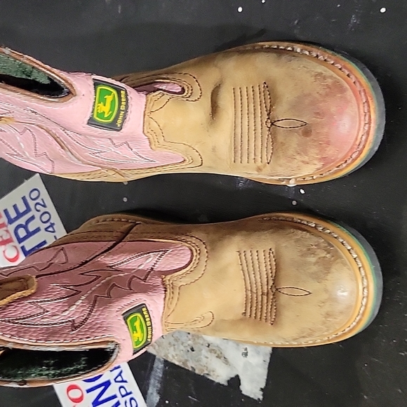 JOHN DEERE Pull On Pink Tan Leather Western Boots 12M Boys - Picture 11 of 15